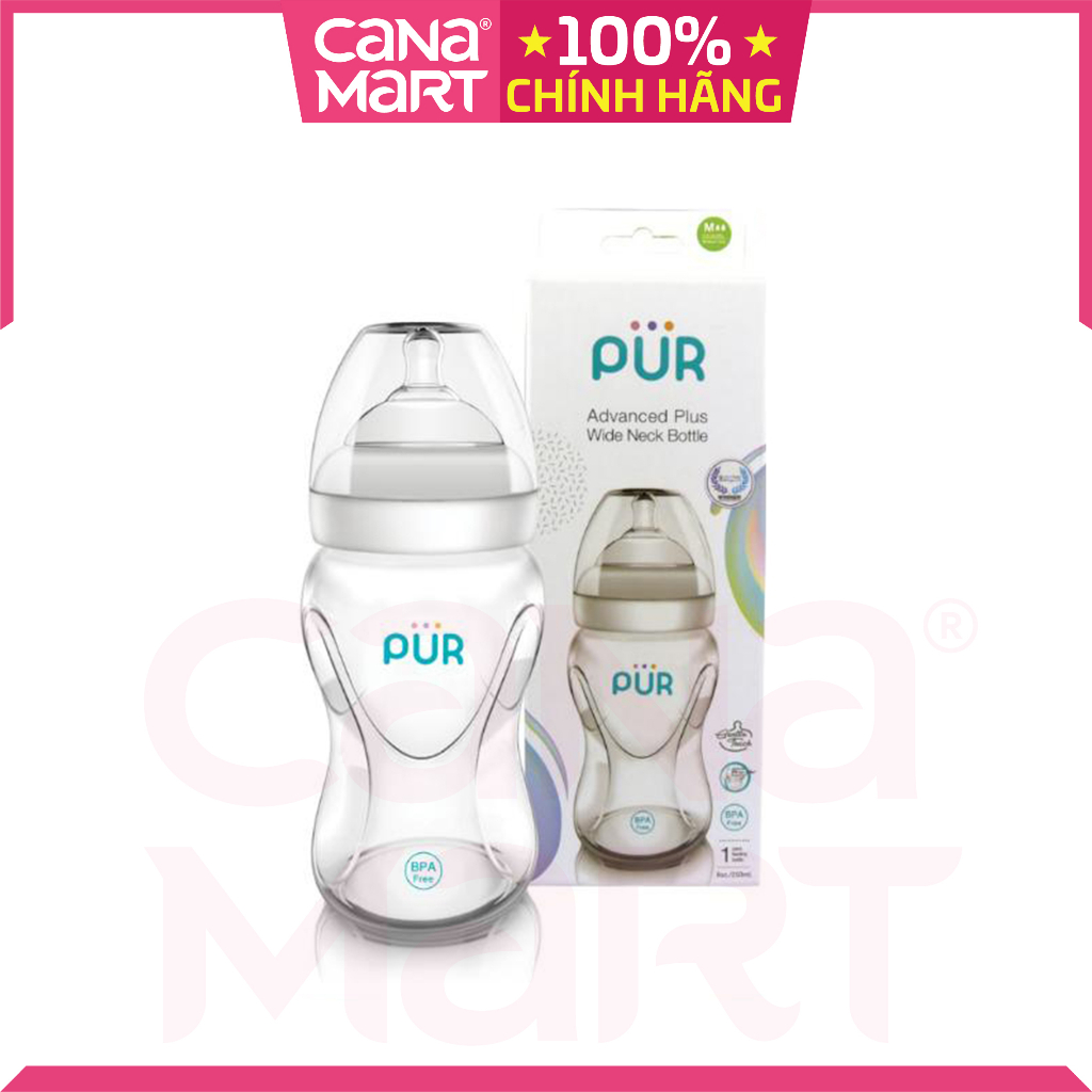Bình sữa cổ rộng Pur Milk Safe  không chứa BPA, có eo giúp bé dễ cầm và ôm bình tự bú sữa