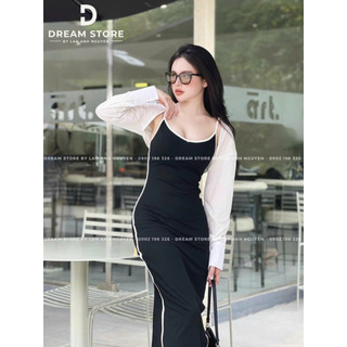 Đầm váy thời trang nữ thiết kế hai dây sọc trắng ôm body chất thun gân dáng dài két hợp áo khoác tay dài chéo dày xinh