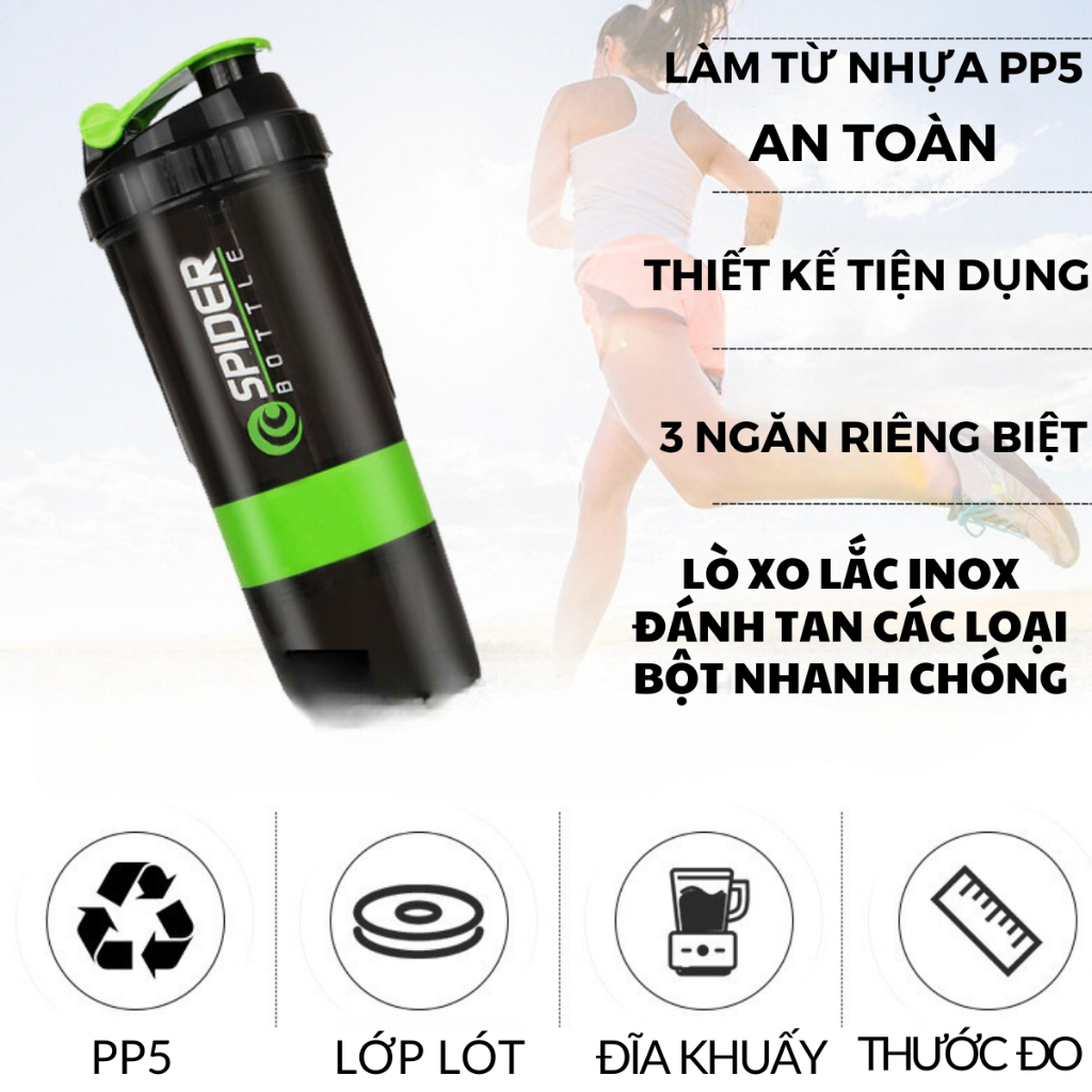 Bình Nước Thể Thao Tập Gym DUONG SPORT Có Con Lắc Lò Xo Tiện Lợi 3 Ngăn 500ml