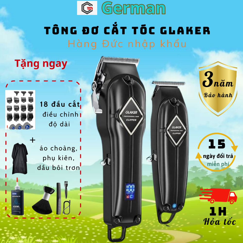 Tông Đơ, Máy Cắt Tóc Cạo Râu Đa Năng Không Dây Chuyên Nghiệp Glaker K11S Thương Hiệu Đức Với Màn Hình Hiển Thị Đèn Led