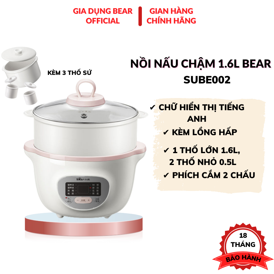 Nồi nấu cháo chậm cho bé Bear 1.6L SUBE002 bản quốc tế, nồi hầm cháo cho bé ăn dặm, ninh, hầm, ủ cháo, BH 18 THÁNG