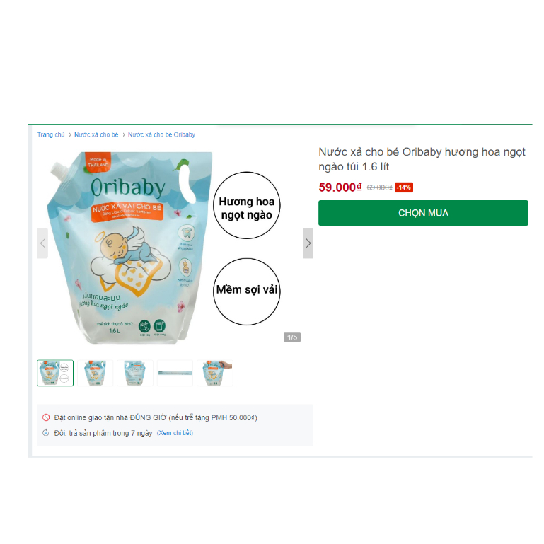 Nước xả vải ORIBABY dành cho em bé, trẻ em HƯƠNG NGỌT NGÀO 3.2L THÁI LAN