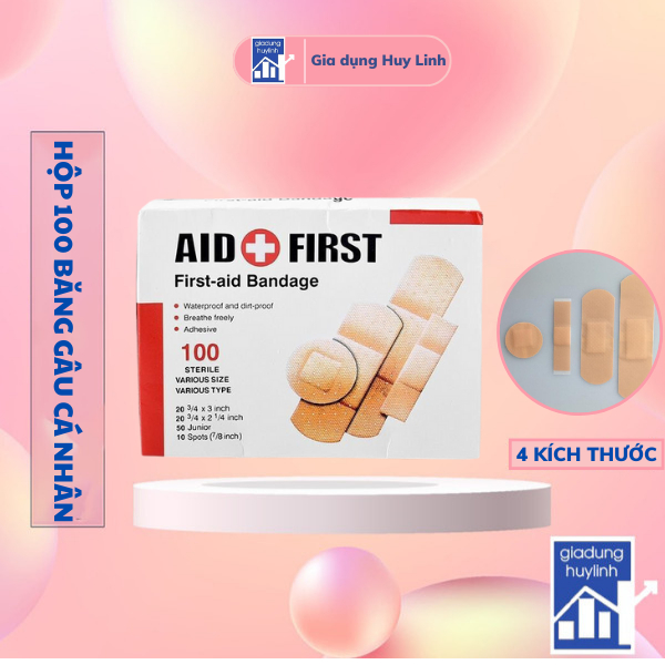 Băng cá nhân các kích thước, băng gâu cá nhân tiệt trùng - Hộp 100 miếng băng gạc y tế nhiều kích thước