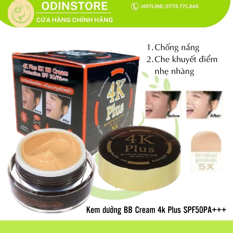 Kem chống nắng 4K plus 5X BB Cream SPF 50++, Dưỡng Trắng, Che Khuyết Điểm, Kháng Nước, Mịn Màng, Hàng Thái Lan, Hộp 20Gr