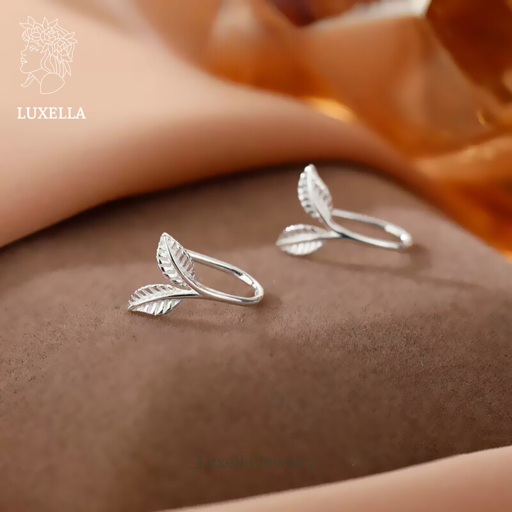 Khuyên tai nữ hình chiếc lá, chất liệu bạc 925 cao cấp chính hãng LUXELLA Lux118