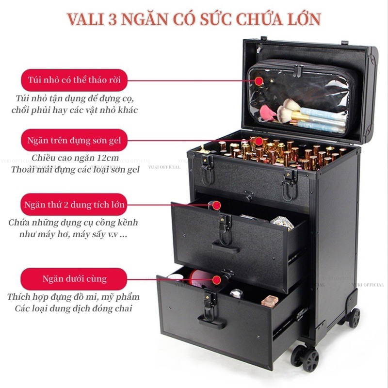 Cốp vali kéo 3 tầng - vali kéo đựng đồ nail,trang điểm,phun xăm - vali kéo nail cao cấp loại 1