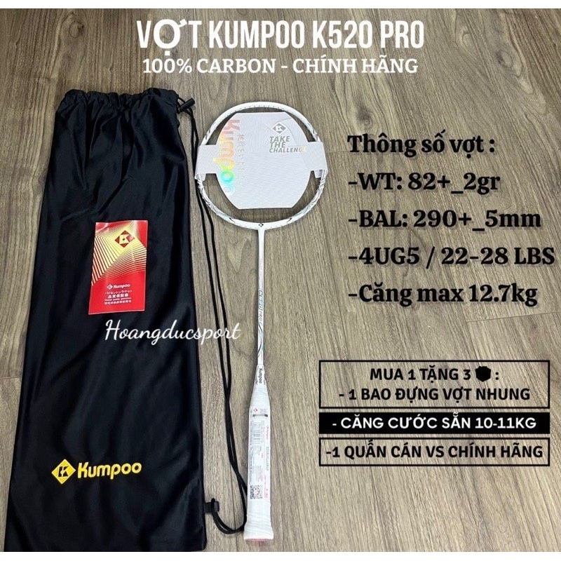 Vợt cầu lông Kumpoo Power Control K520 Pro căng max 12,7kg tặng cước căng sẵn 11kg,tặng cuốn cán,tặng túi nhung đựng vợt