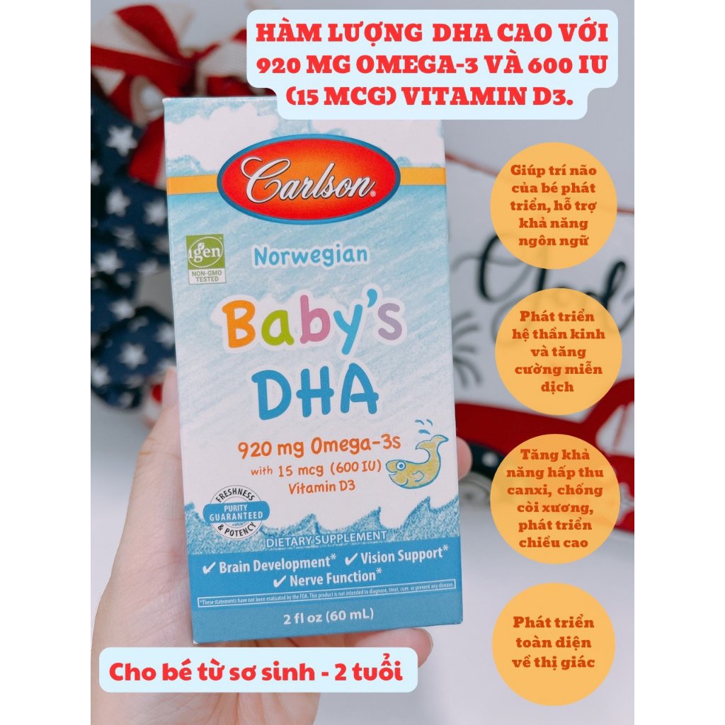 (Rách vỏ hộp) DHA Carlson Omega + D3 (600IU) cho bé từ sơ sinh đến 18kg