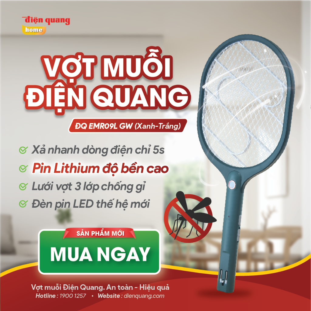 Vợt muỗi cao cấp Điện Quang, chống giật an toàn, xả nhanh dòng điện 5s, lưới vợt 3 lớp chống gỉ - Bảo hành 12 tháng