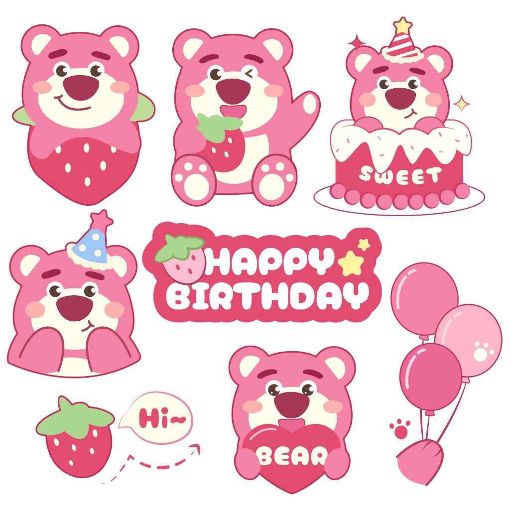 -Set cắm giấy gấu lotso ôm dâu tây- Trang trí bánh sinh nhật bánh kem