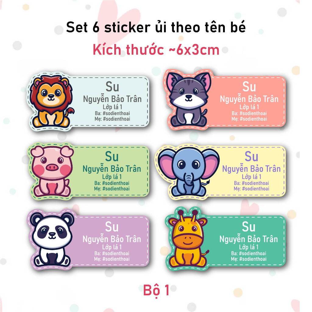 Bộ 6 Sticker Ủi In Tên Bé Hình Thú Dễ Thương - Sticker Ủi Quần Áo, Ba lô, Chăn Gối Đánh Dấu Đồ Dùng Cá Nhân Cho Bé