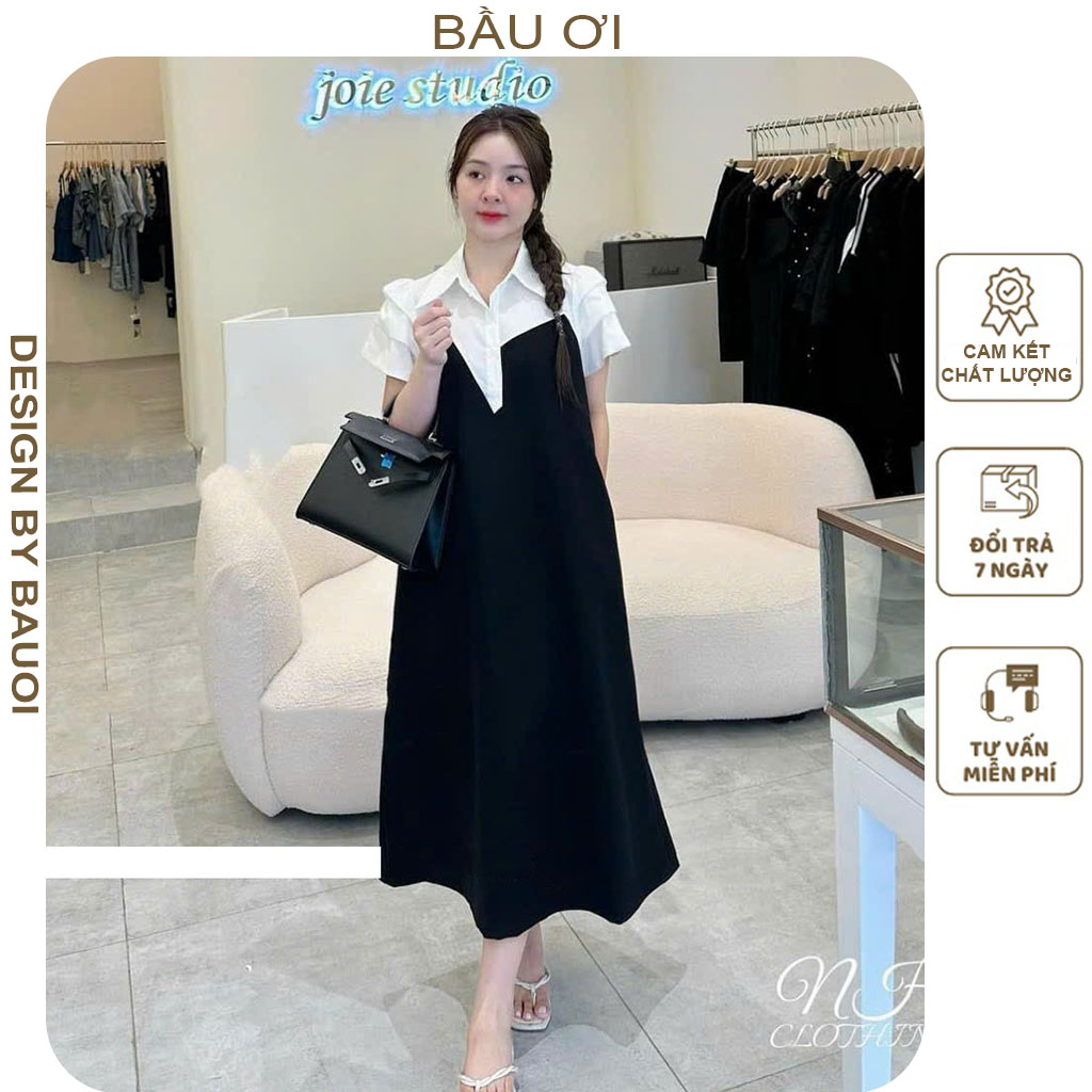 ĐẦM VÁY BẦU CÔNG SỞ MÙA HÈ CỔ SƠ MI PHONG CÁCH TIỂU THƯ ĐIỆU ĐÀ DÁNG SUÔNG DÀI CHẤT ĐẸP - ĐẦM BẦU BABYDOLL XINH