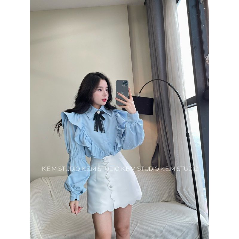 Áo sơ mi bèo tay dài phối chân váy tafta  tặng kèm nơ /Shyncloset