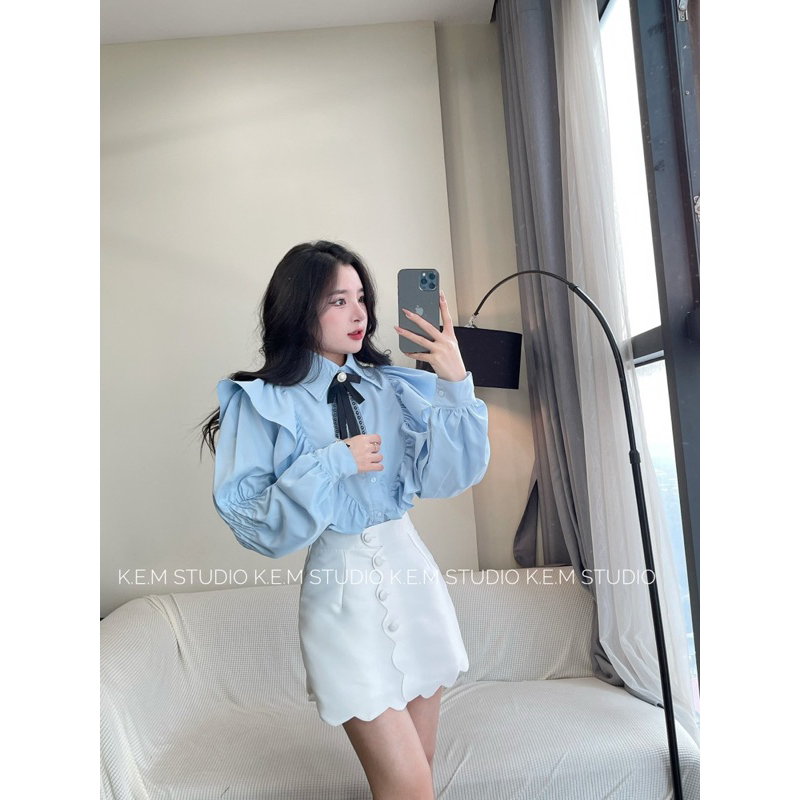 Áo sơ mi bèo tay dài phối chân váy tafta  tặng kèm nơ /Shyncloset