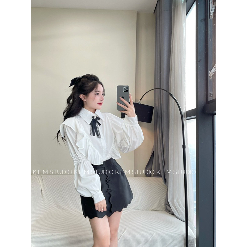 Áo sơ mi bèo tay dài phối chân váy tafta  tặng kèm nơ /Shyncloset