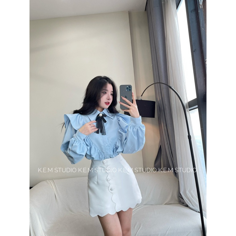 Áo sơ mi bèo tay dài phối chân váy tafta  tặng kèm nơ /Shyncloset