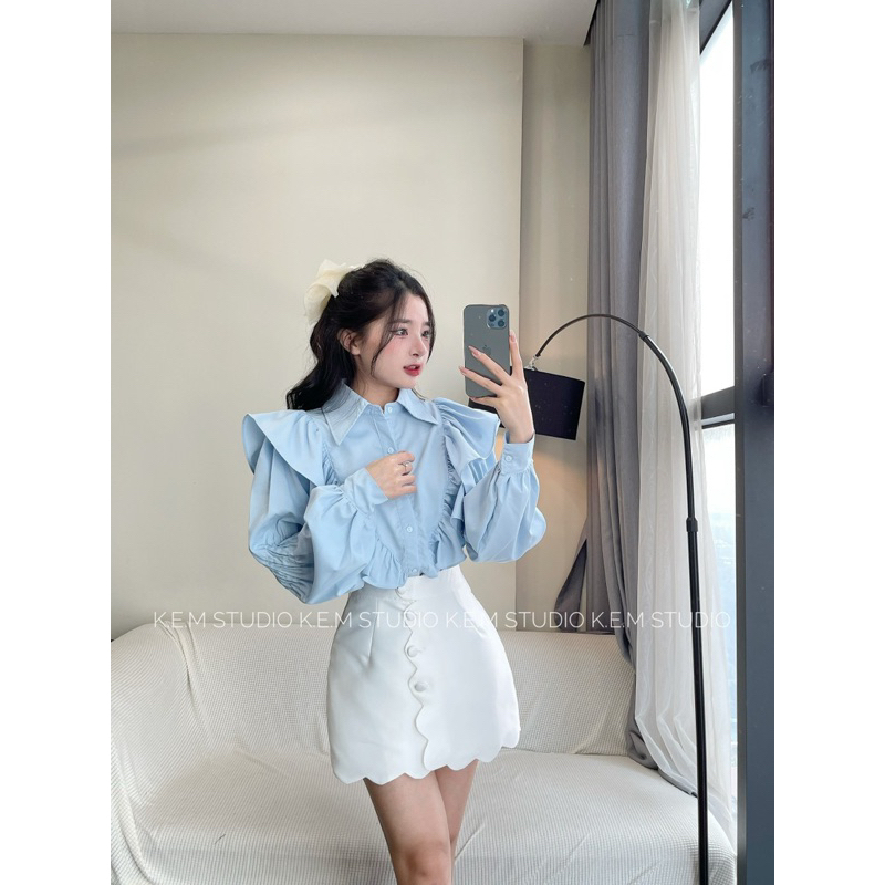 Áo sơ mi bèo tay dài phối chân váy tafta  tặng kèm nơ /Shyncloset