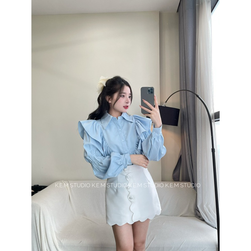 Áo sơ mi bèo tay dài phối chân váy tafta  tặng kèm nơ /Shyncloset