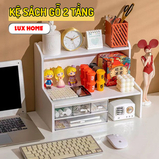 Kệ sách gỗ để bàn 2 tầng đựng sách vở, mỹ phẩm, giá đỡ đựng đồ bàn học LUXHOME