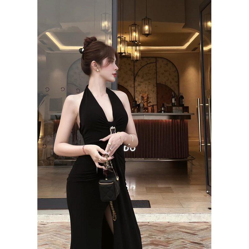 Đầm Maxi LéNa yếm tag eo xẻ đùi  MH8