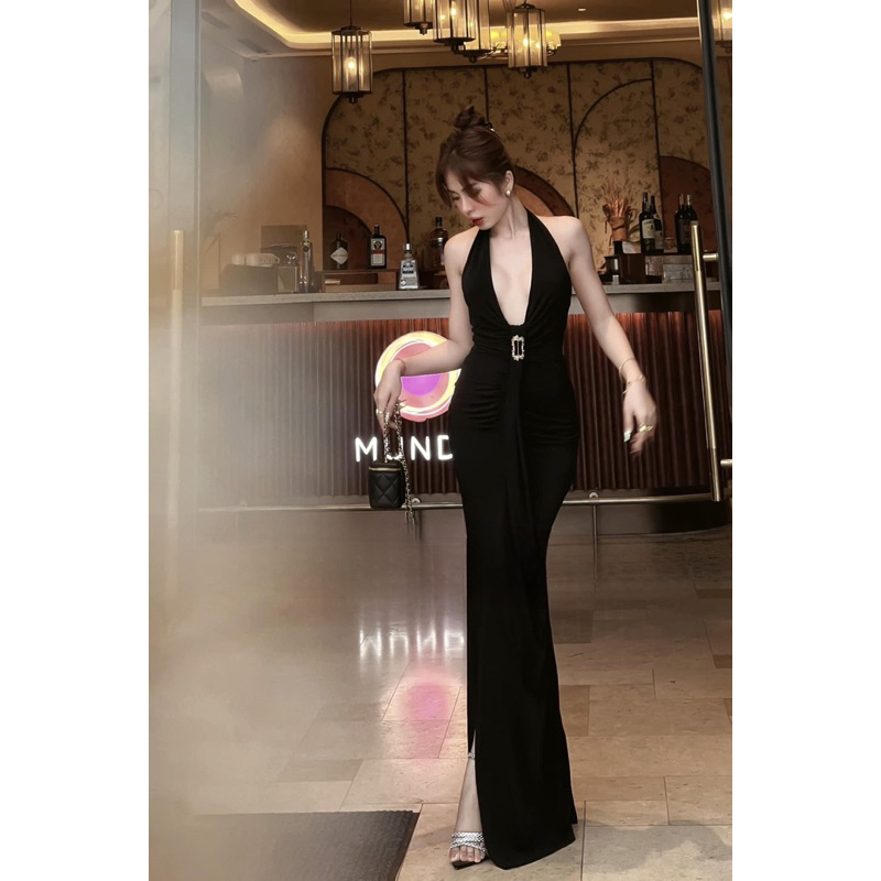 Đầm Maxi LéNa yếm tag eo xẻ đùi  MH8