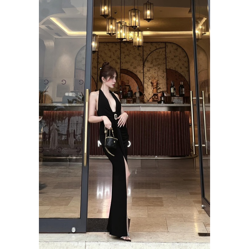 Đầm Maxi LéNa yếm tag eo xẻ đùi  MH8