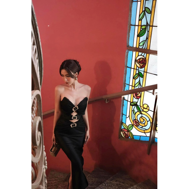 Đầm maxi hai dây phối dập li tan đá LÉNA MH9