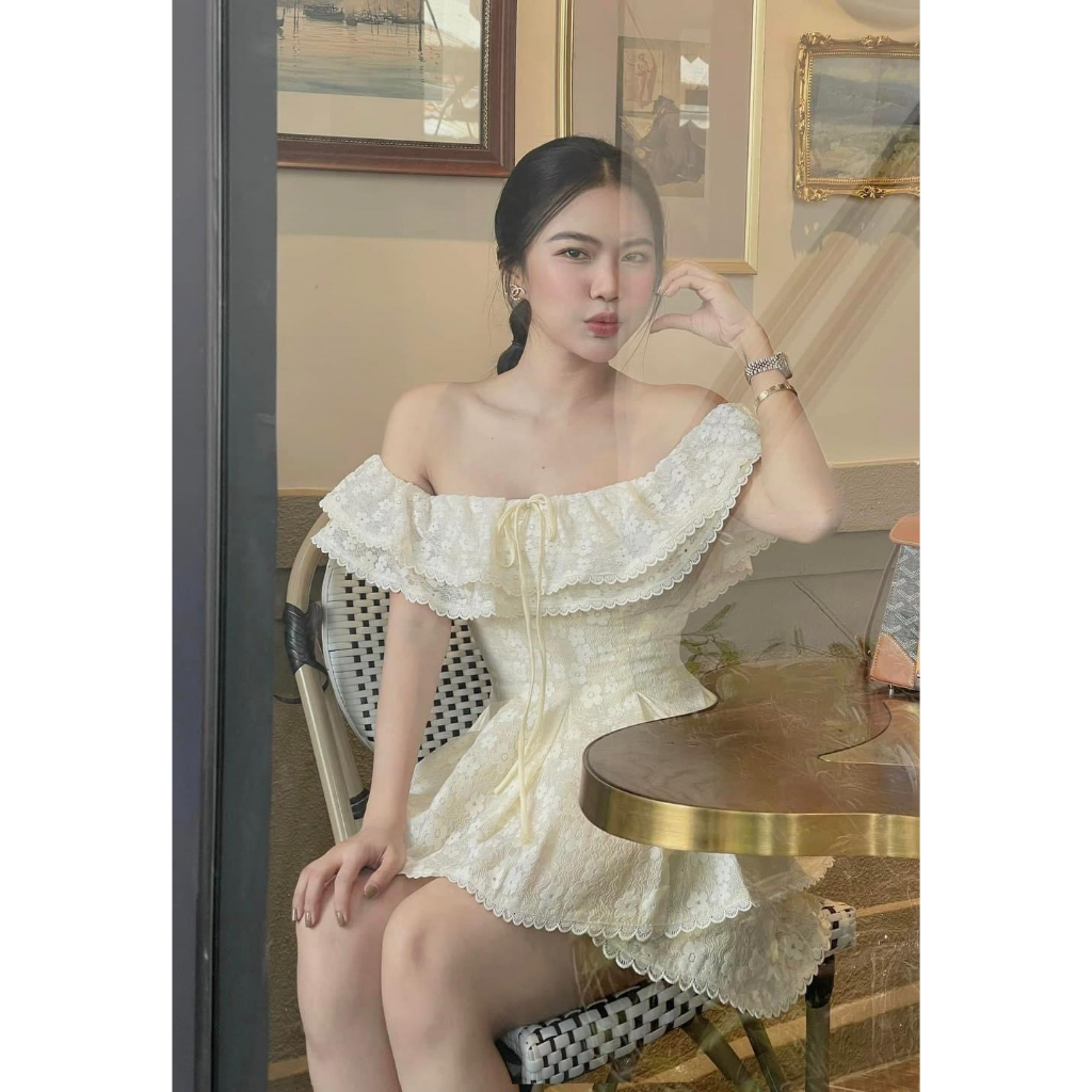 Sét áo ren trễ vai kèm quần giả váy hàng chuẩn Shirley