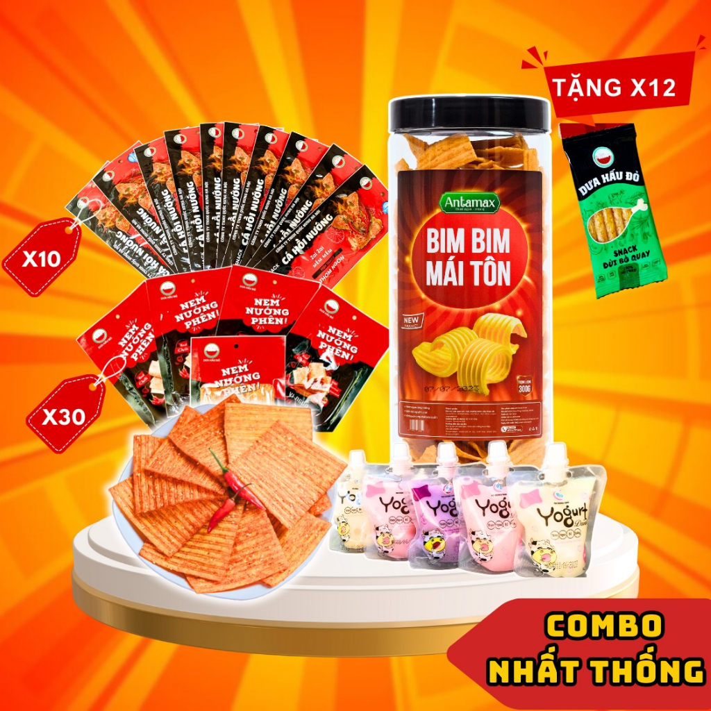 COMBO Nhất Thống: 30 Nem Nướng Phên + 10 Cá Hồi Nướng + Bim Mái Tôn + 5 Sữa Chua Uống, đồ ăn vặt Dưa