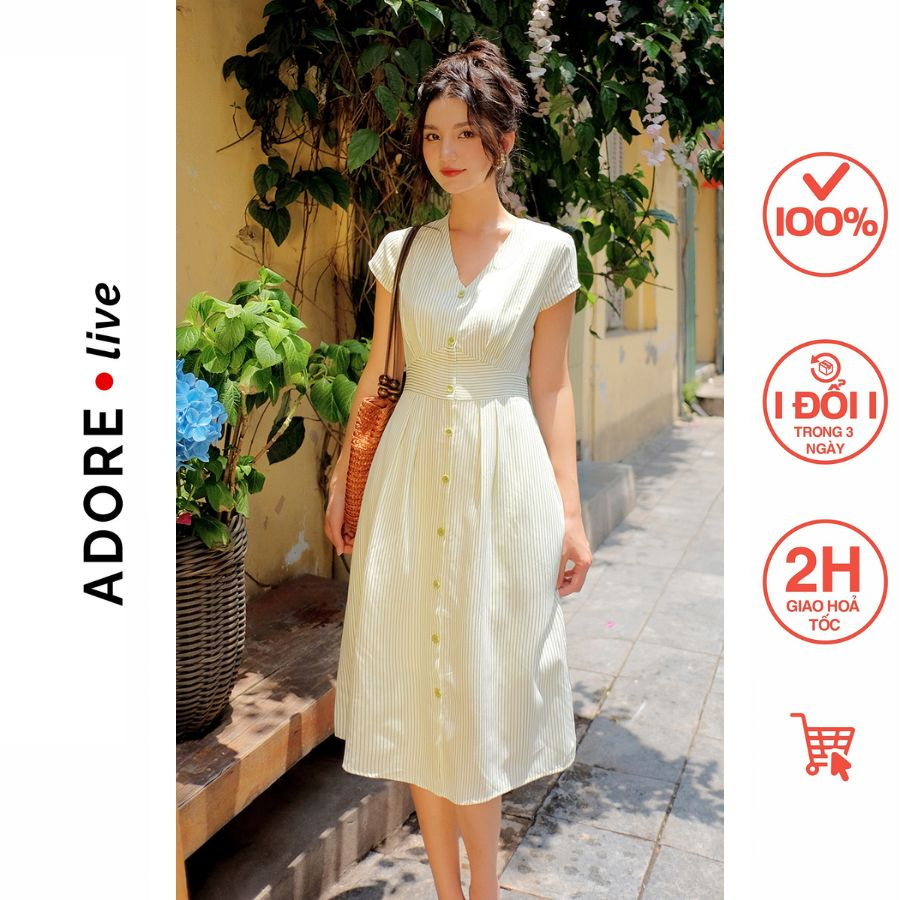 Đầm Midi dresses cổ tim thô sọc đỏ và sọc green phối khuy 321DR2064 ADORE DRESS