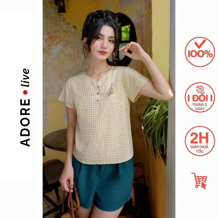 Ao sơ mi Tops casual style đũi trắng và vàng thêu ngực 321TO1054 ADORE DRESS