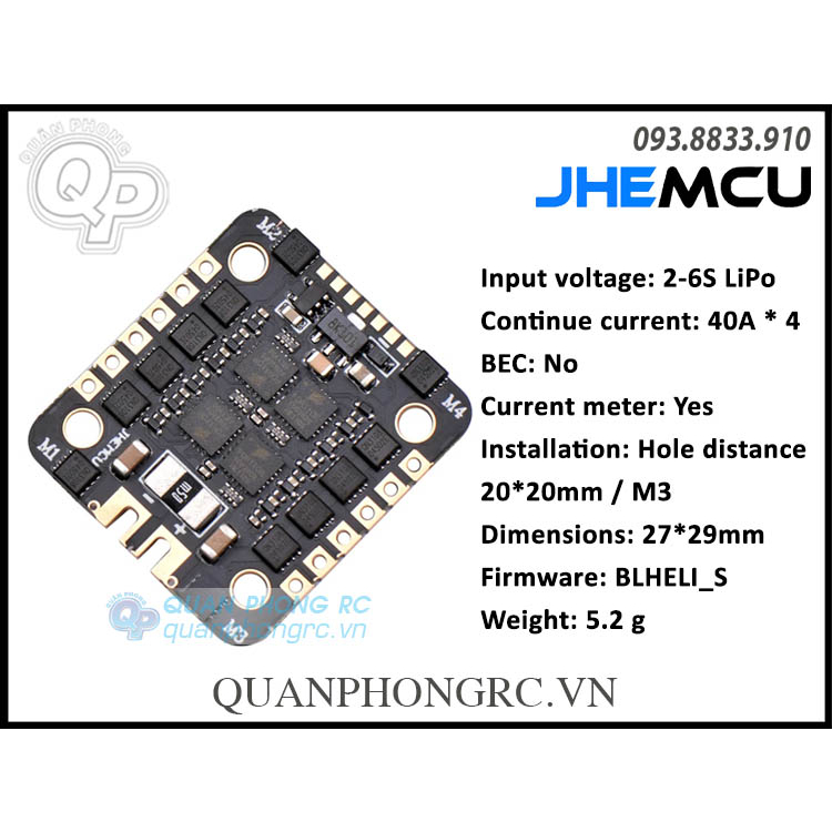 Mạch Điều Tốc JHEMCU EM 40A 2-6S Dshot600 BLHeli_S 4in1 ESC 20x20
