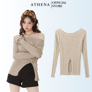 Áo Thun Tay Dài Dệt Kim Athena Thiết Kế Xẻ Tà Xoắn Eo Tôn Dáng