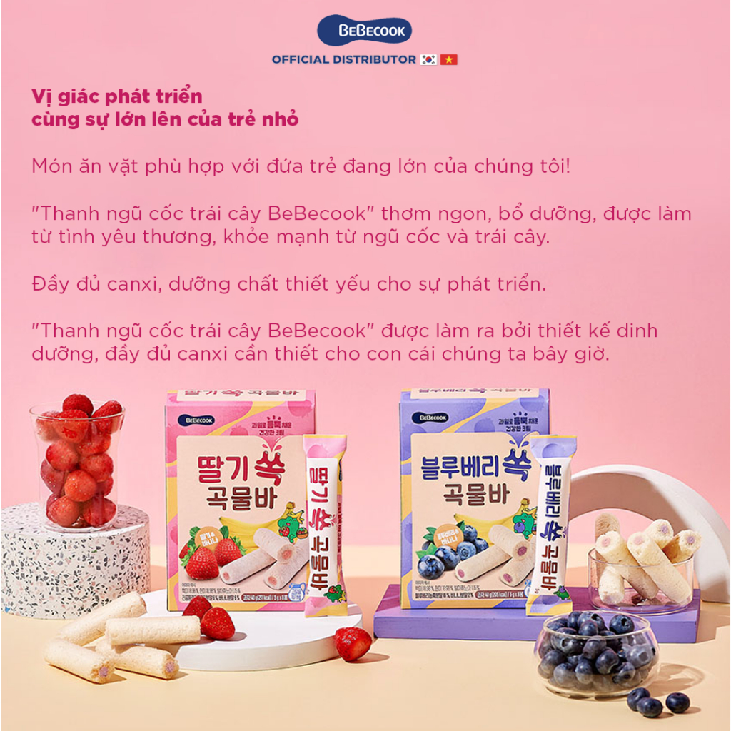 Bánh ngũ cốc ăn dặm cho bé BeBecook dạng thanh cuộn vị trái cây hữu cơ 40gr/gói