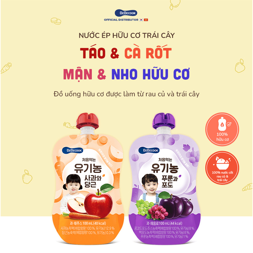 Nước ép trái cây cho bé BeBecook nhiều hương vị dạng túi tiện lợi 100ml