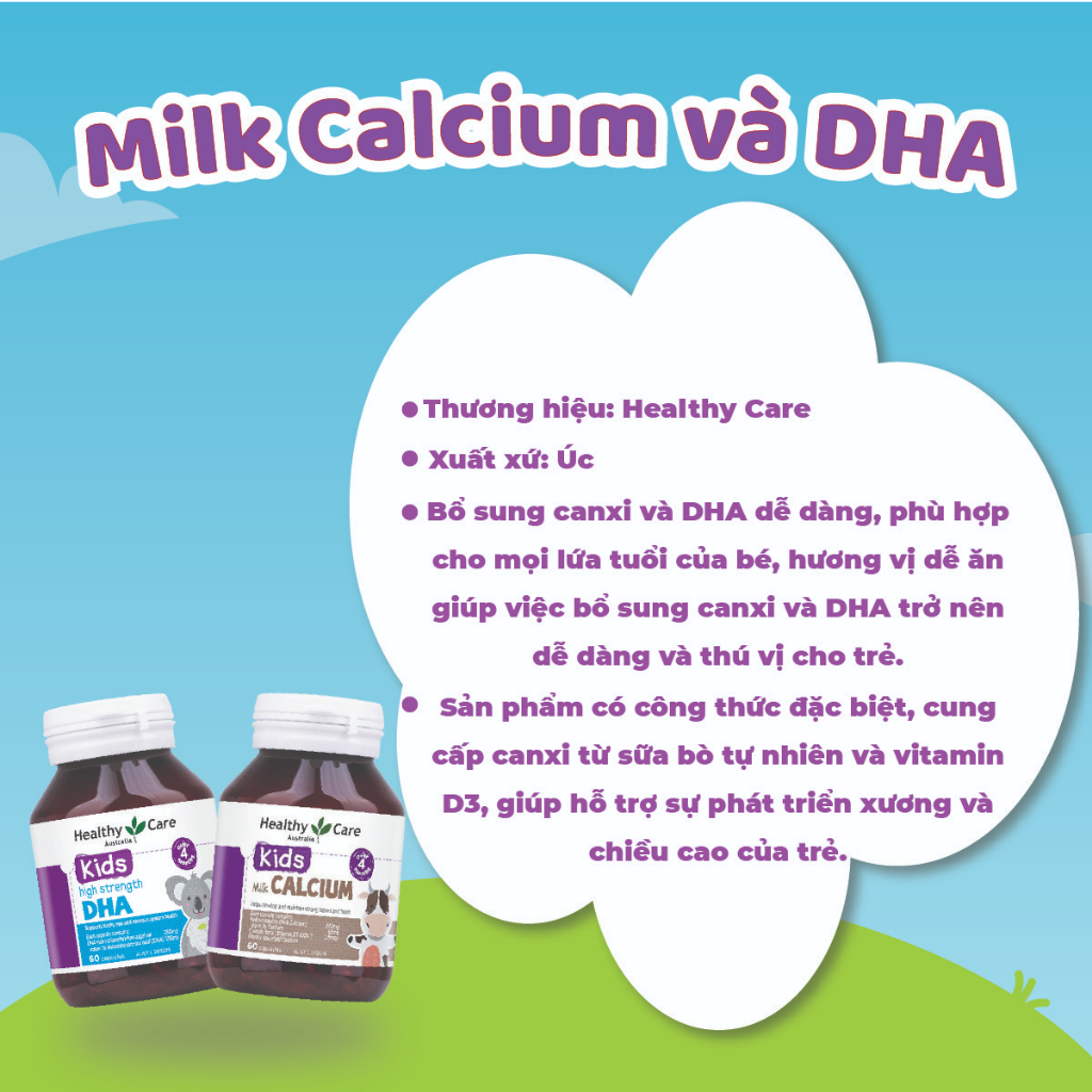 Healthy Care DHA (60 viên) và Milk Canxi (60 viên) - Combo phát triển chiều cao, trí thông minh cho bé