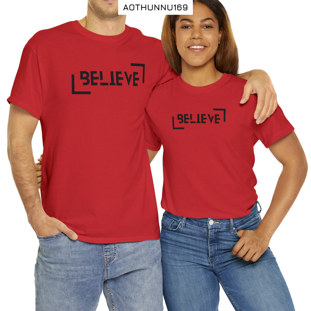 Áo Thun Đôi Tình Nhân Màu Đỏ Form Basic In Chữ BELIEVE Áo Phông Đôi Đẹp