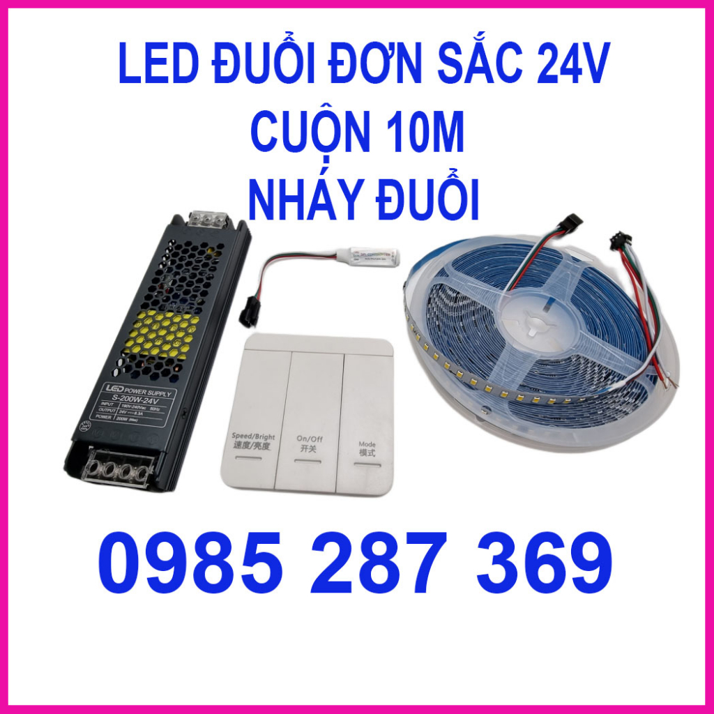 Cuộn led dây dán 10m 24V Hiệu ứng chạy đuổi có điều khiển từ xa. Dán tủ bếp, hắt trần với thanh nhôm định hình