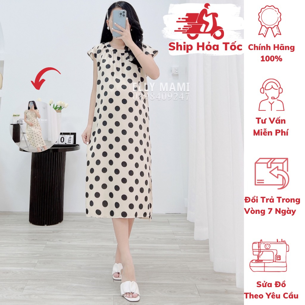 ( 40kg - 75kg ) Đầm Bầu , Suông Chấm Bi Bự , Tay Cánh Tiên , Form Dễ Mặc Thoải Mái Suốt Thai Kì & Sau Sinh