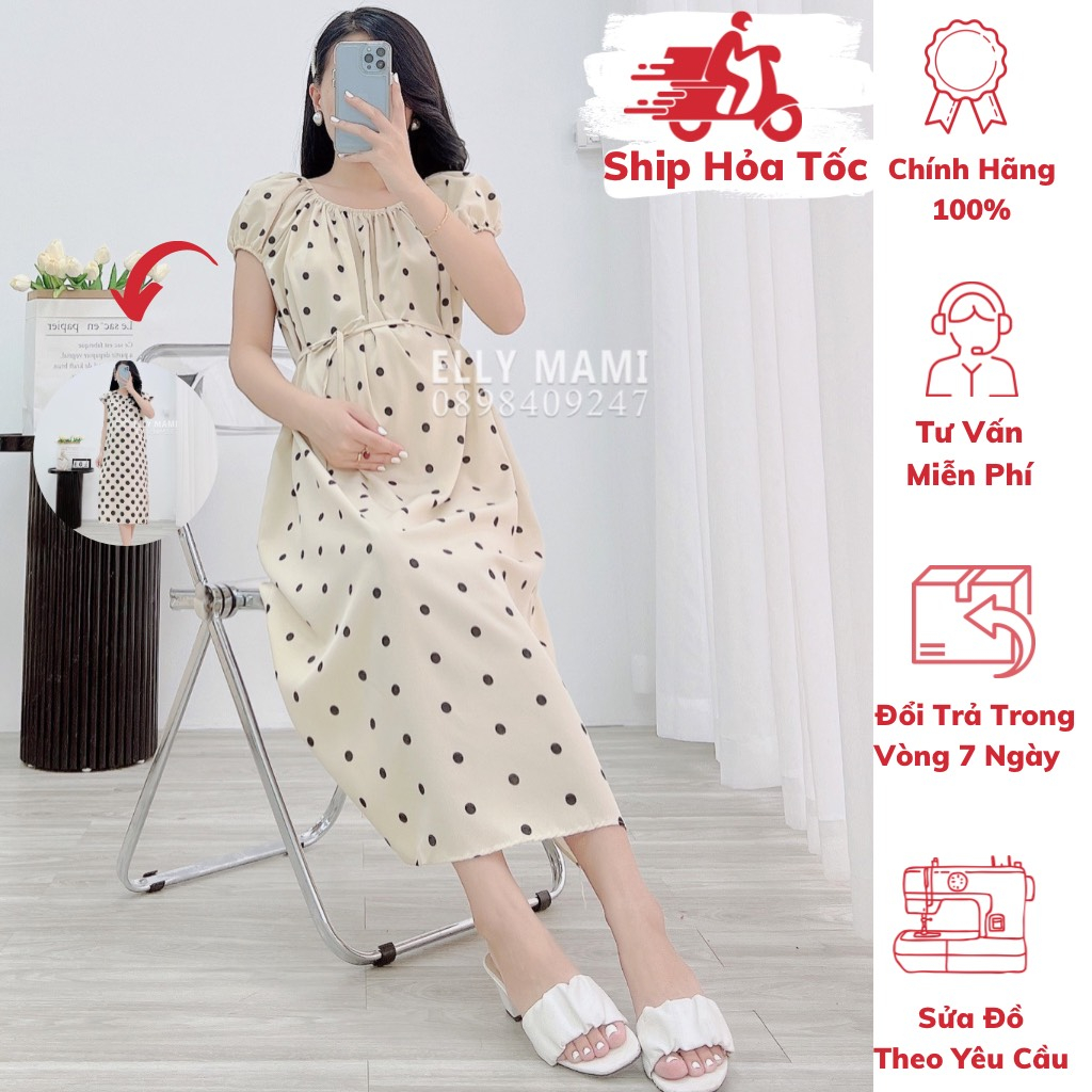 ( 40kg - 75kg ) Đầm Bầu , Suông Chấm Bi Nhỏ , Dây Eo , Form Dễ Mặc Thoải Mái Suốt Thai Kì & Sau Sinh