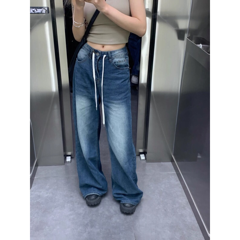 Varvet Quần Jeans Loang Rút Dây Form Rộng Cá Tính Retro Phong Cách Thời Trang