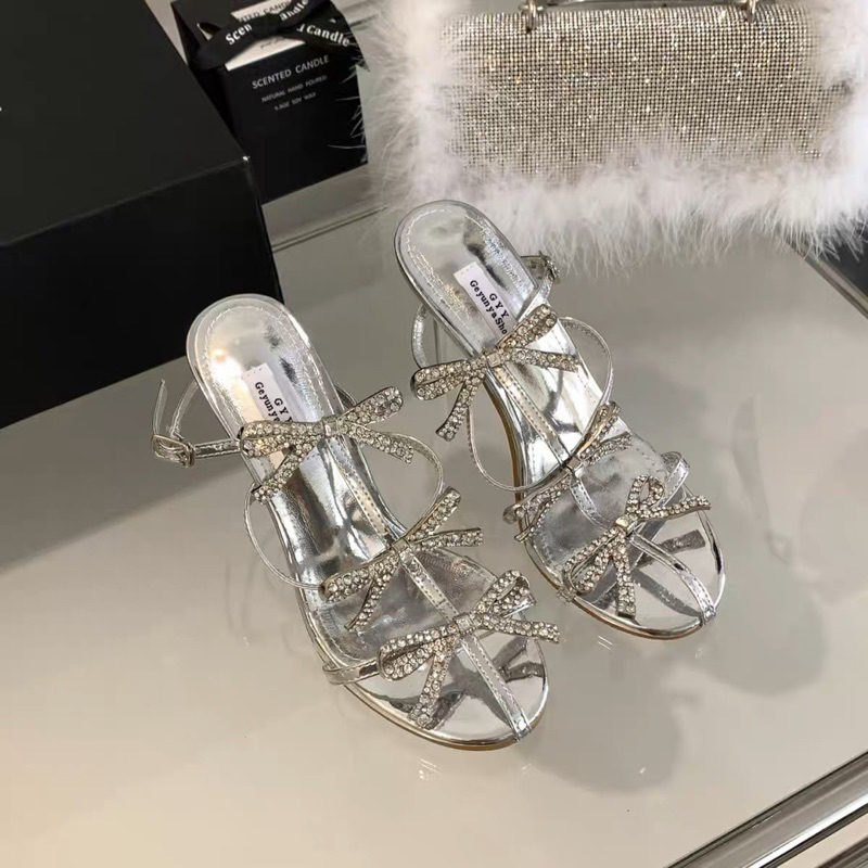 Sandal bạc nơ đá dây mảnh cao gót 9p đi tiệc sang chảnh