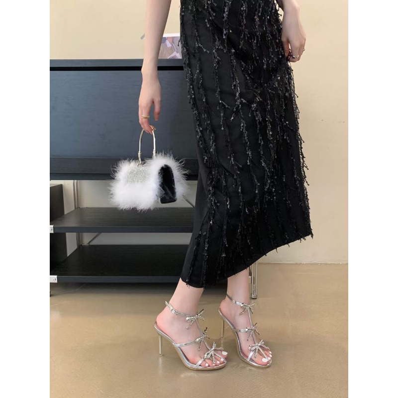 Sandal bạc nơ đá dây mảnh cao gót 9p đi tiệc sang chảnh