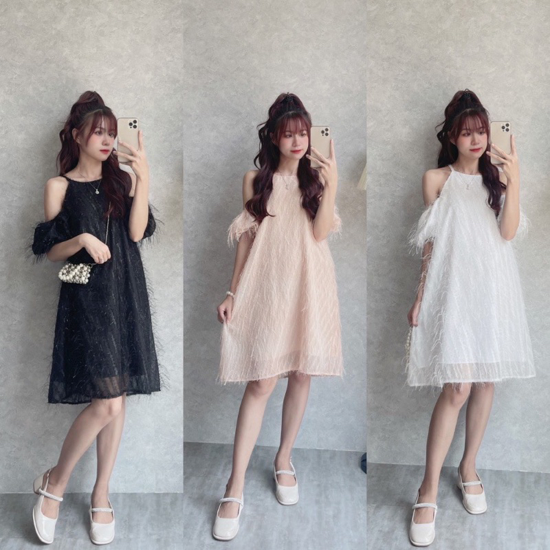 2 Lớp - Đầm lông ánh kim rớt vai dáng xoè ngắn ulzzang