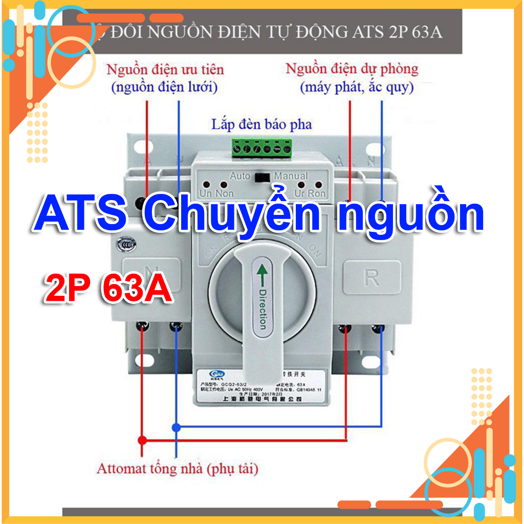Bộ Chuyển Đổi Nguồn Tự Động ATS 63A 2P - Đổi Nguồn Điện Tự Động, Cầu Dao Đảo Chiều