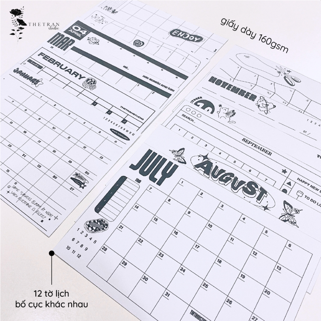 Bộ 12 tờ lịch kế hoạch 12 tháng dùng cho tất cả các năm A5 / shining through darkness calendar / thetranstudio