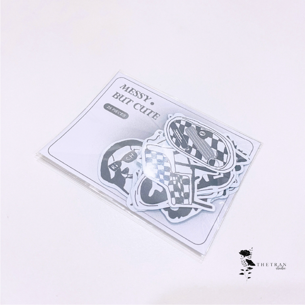 Bộ 25 sticker vẽ chì nghệ thuật trắng đen / messy but cute sticker pack / thetranstudio