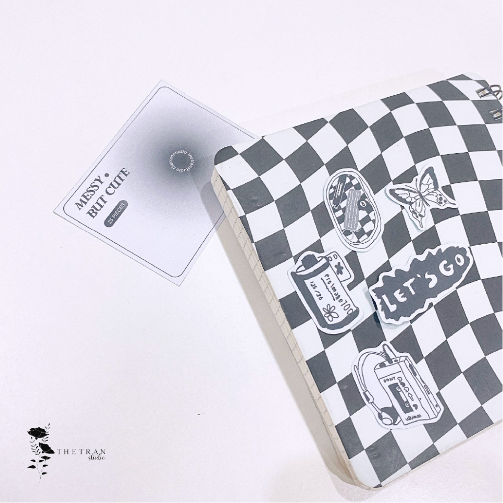 Bộ 25 sticker vẽ chì nghệ thuật trắng đen / messy but cute sticker pack / thetranstudio