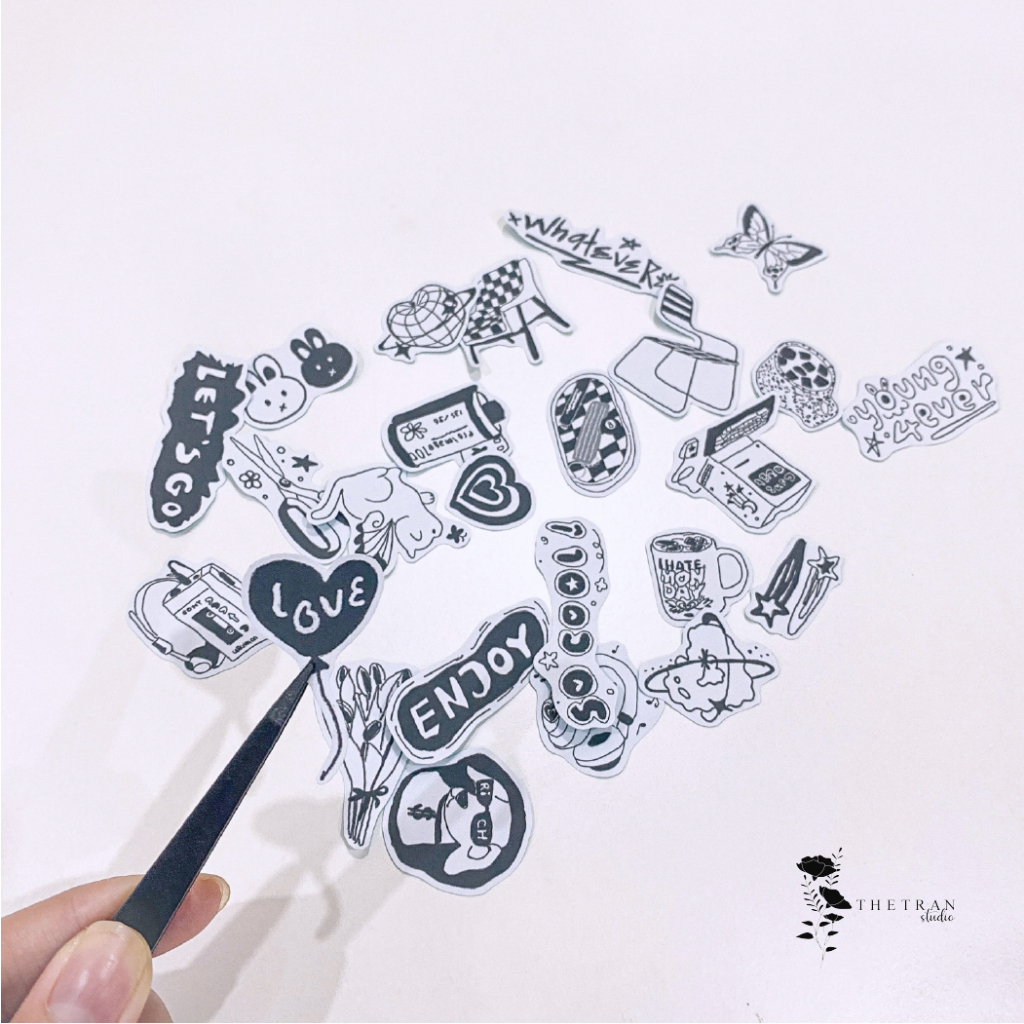 Bộ 25 sticker vẽ chì nghệ thuật trắng đen / messy but cute sticker pack / thetranstudio