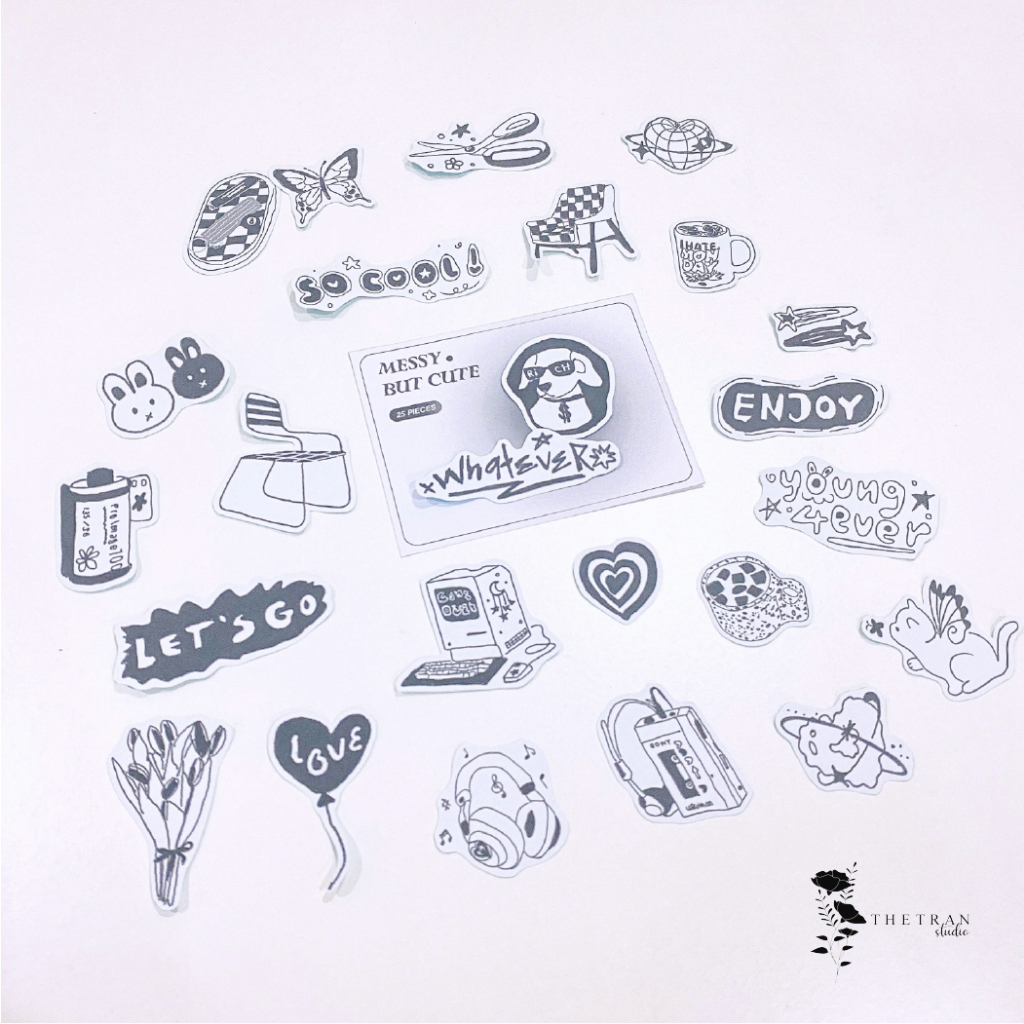 Bộ 25 sticker vẽ chì nghệ thuật trắng đen / messy but cute sticker pack / thetranstudio